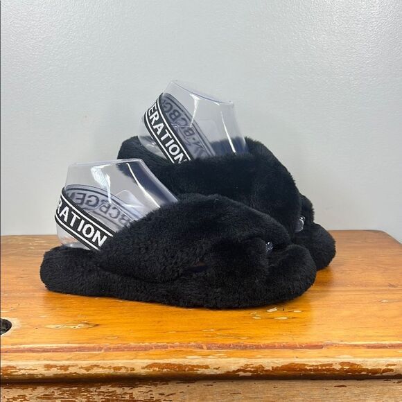 BCBGeneration Fuzzy Black Slide Sandals with Logo Strap - Picture 1 of 6